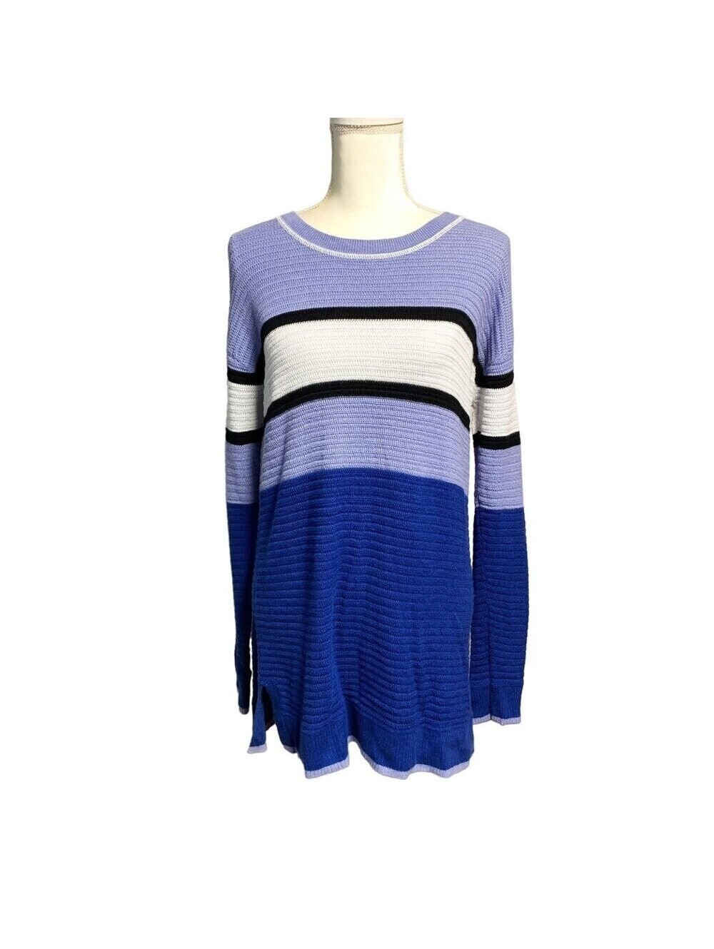 T by Talbots Blue Striped Colorblock Ribbed Knit Sweater Small